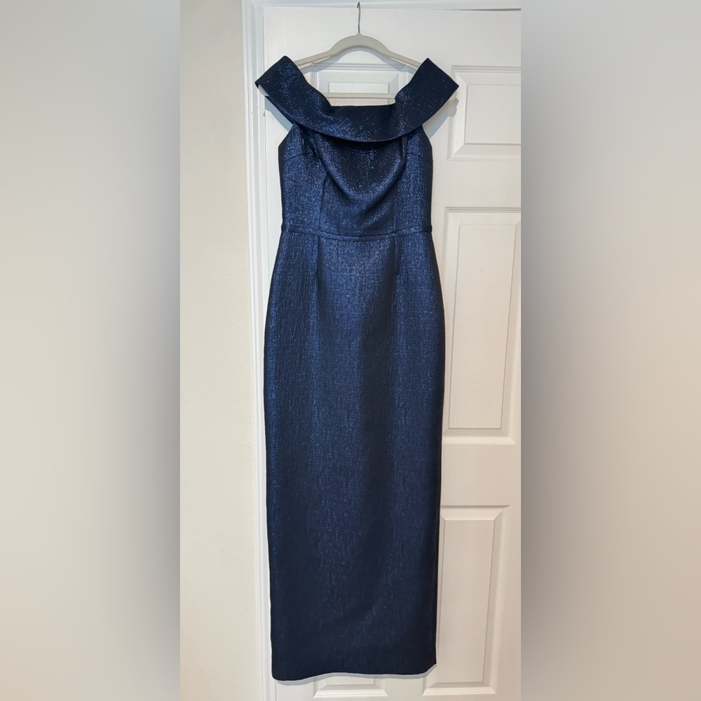 Off-The-Shoulder Metallic Navy Jacquard Gown